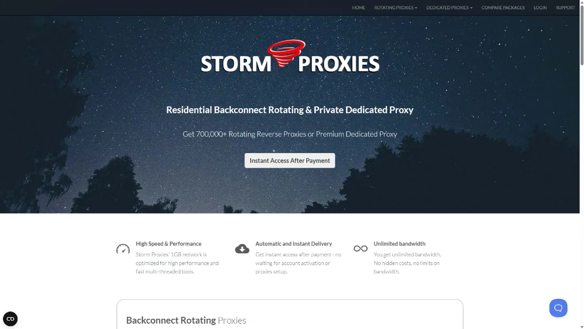 Storm Proxies Homepage Overview